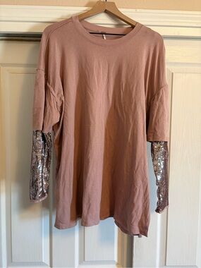 Free People Nellie Sequin Twofer Top, Long Sleeve T-shirt in Dusty Pink
